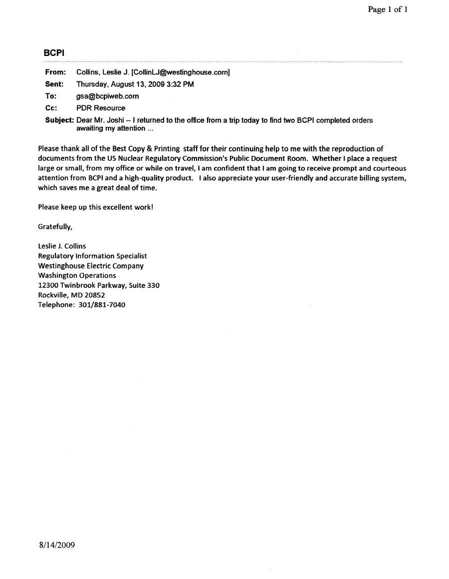 Westinghouse US Nuclear Regulatory Commission