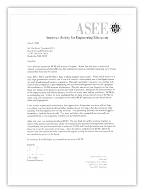 customer bcpi letter appreciation testimonial asee